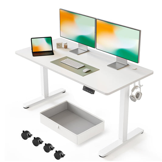 FEZIBO 55 x 24 Inches Standing Desk with Drawer, Adjustable Height Electric Stand up Desk with Storage, Sit Stand Home Office Desk, Ergonomic Computer Desk, White - WoodArtSupply