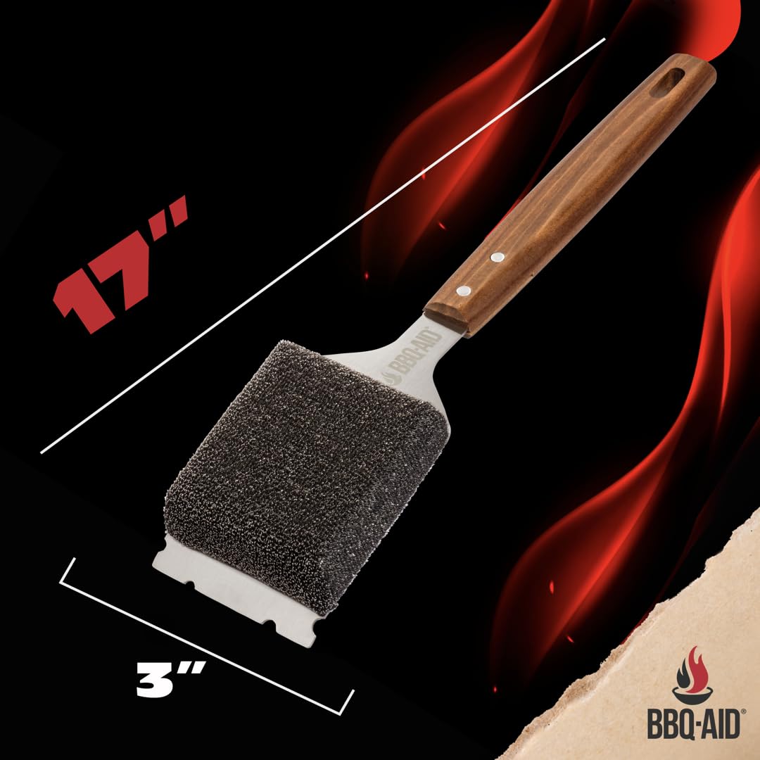 BBQ-AID Bristle Free Grill Brush and Scraper for Barbecue – Grill Brush for Outdoor Grill with Extended, Large Wooden Handle and Replaceable Head –No Scratch- BBQ Grill Cleaning Accessories. BBQ-Aid