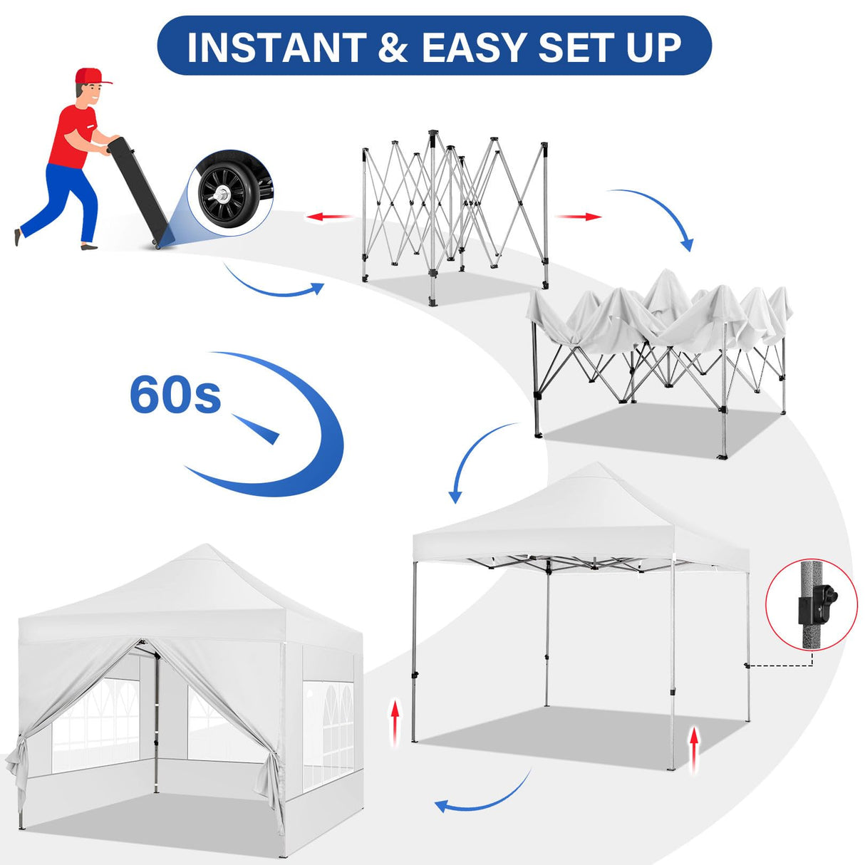 Tooluck 10x10 Pop up Canopy Commercial Heavy Duty Canopy Tent with 4 sidewalls Easy Up Outdoor Party Tent Instant Canopy All Season Windproof & Waterproof Gazebo with Roller Bag,White(Frame Thickened) Tooluck