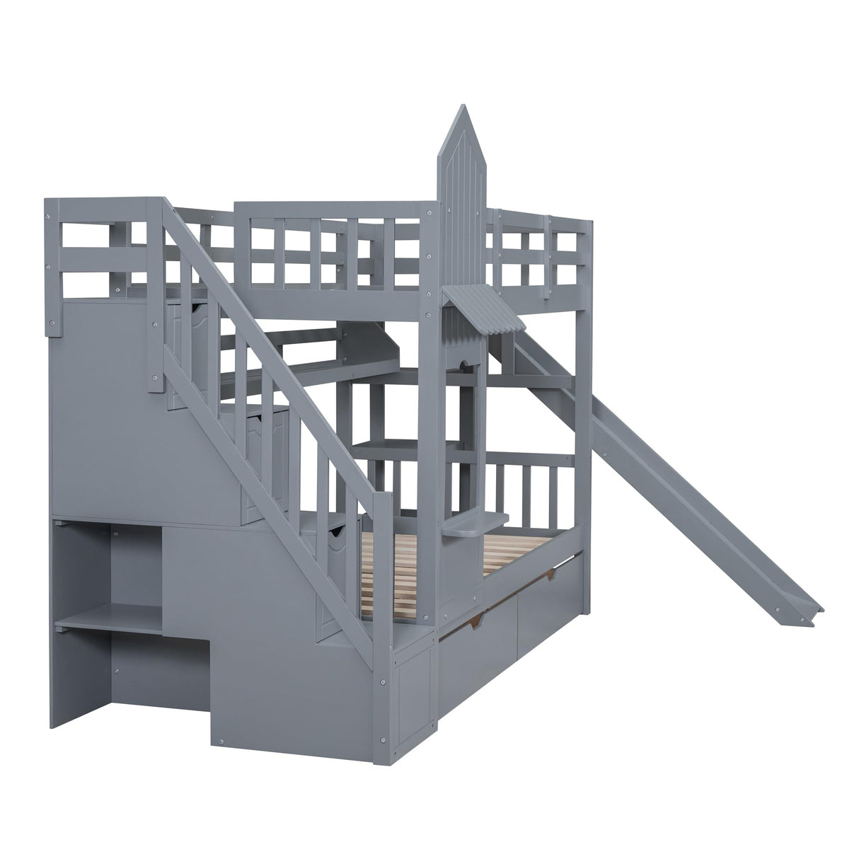 Kids Bunk Bed with Stairs and Slide, Wood Twin Over Twin Bunk Bed with Storage Drawers and Shelves, Castle Style Bunk Beds for Kids Teens Girls Boys, Gray Bellemave