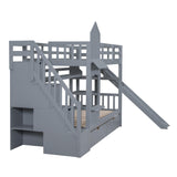 Kids Bunk Bed with Stairs and Slide, Wood Twin Over Twin Bunk Bed with Storage Drawers and Shelves, Castle Style Bunk Beds for Kids Teens Girls Boys, Gray Bellemave
