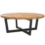 SAFAVIEH Outdoor Collection Leo Natural/Black 4-Leg Round Coffee Table, Ideal for Deck, Patio, Backyard, Sunroom SAFAVIEH