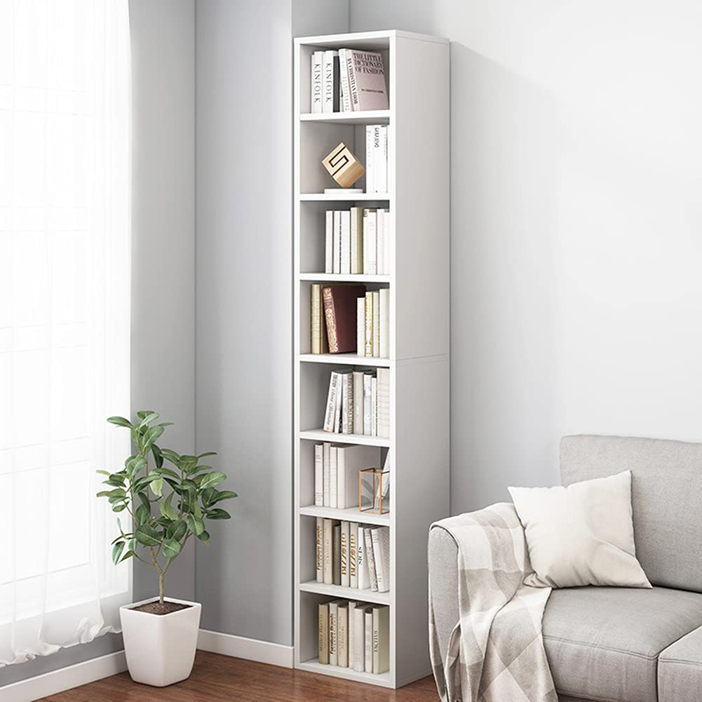 IOTXY Small Narrow Corner Bookcase - 71 Inches Tall Gap Freestanding Storage Cabinet, 8 Lattices Open Shelves Tower Rack, Cubes Bookshelf in White IOTXY