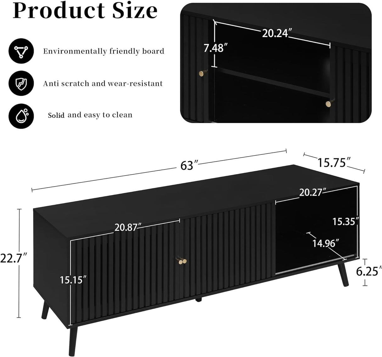 Fsbecl TV Stand for TVs up to 70'',Mid Century Modern TV Stand, with Sliding Doors and Open Shelf, Entertainment Center with Storage,Television Stands,Media Console for Living Room,Black Fsbecl
