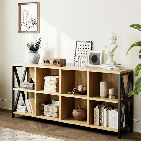 CABZOON 63" 8 Cube Horizontal Bookshelf Long Bookshelf Wood Cube Storage Organizer Wood Cubby Bookcase for Living Room Maple CABZOON