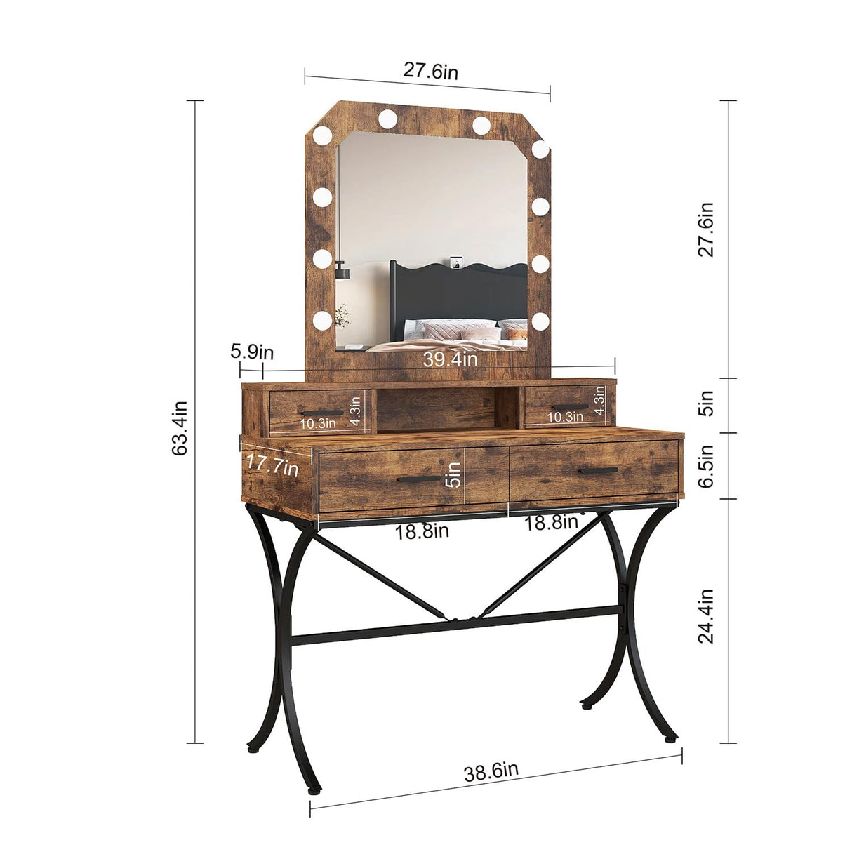 Vanity Table with Lighted Mirror, Modern Makeup Vanity Table with 10 Lights Makeup Desk 4 drawer Storage Dressing Table for Bedroom (Brown) Panana