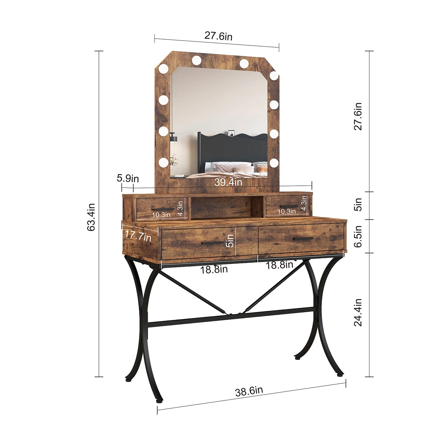 Vanity Table with Lighted Mirror, Modern Makeup Vanity Table with 10 Lights Makeup Desk 4 drawer Storage Dressing Table for Bedroom (Brown) - WoodArtSupply