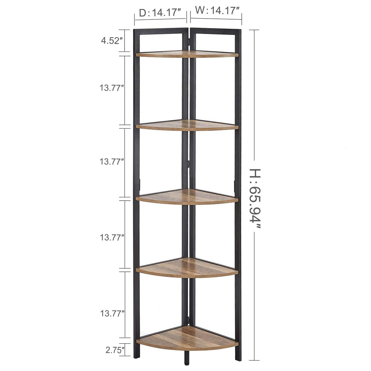 FATORRI Tall Corner Shelf, Industrial Corner Bookshelf, Wood and Metal Corner Shelf Stand for Living Room, Farmhouse Pictures Display Stand for Corner Space (Rustic Oak)