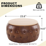 YDcosyfy PU Leather Round Storage Ottoman with Wooden Lid, 25 Inch Tufted Circle Ottoman Footrest Stool Bench Coffee Table for Living Room,Brown YDcosyfy