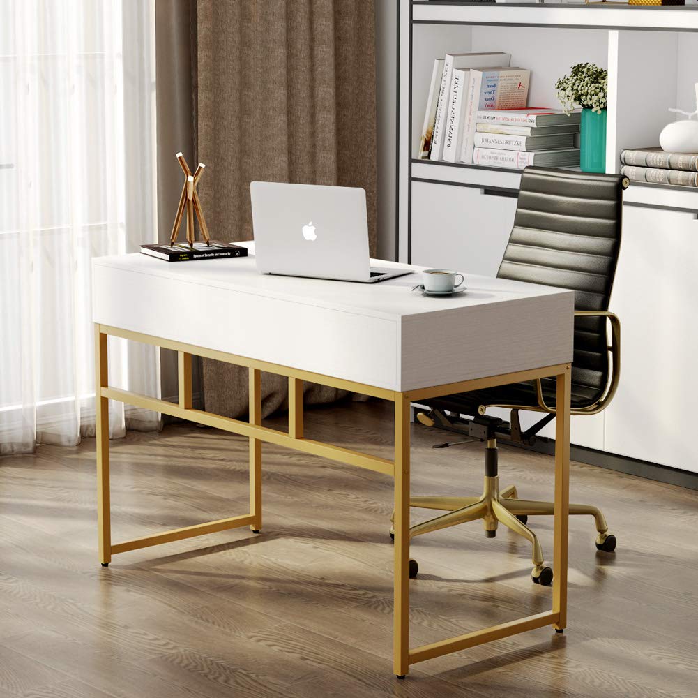 Tribesigns Computer Desk, Modern Simple 47 inch Home Office Desk Study Table Writing Desk with 2 Storage Drawers, Makeup Vanity Console Table, White and Gold - WoodArtSupply