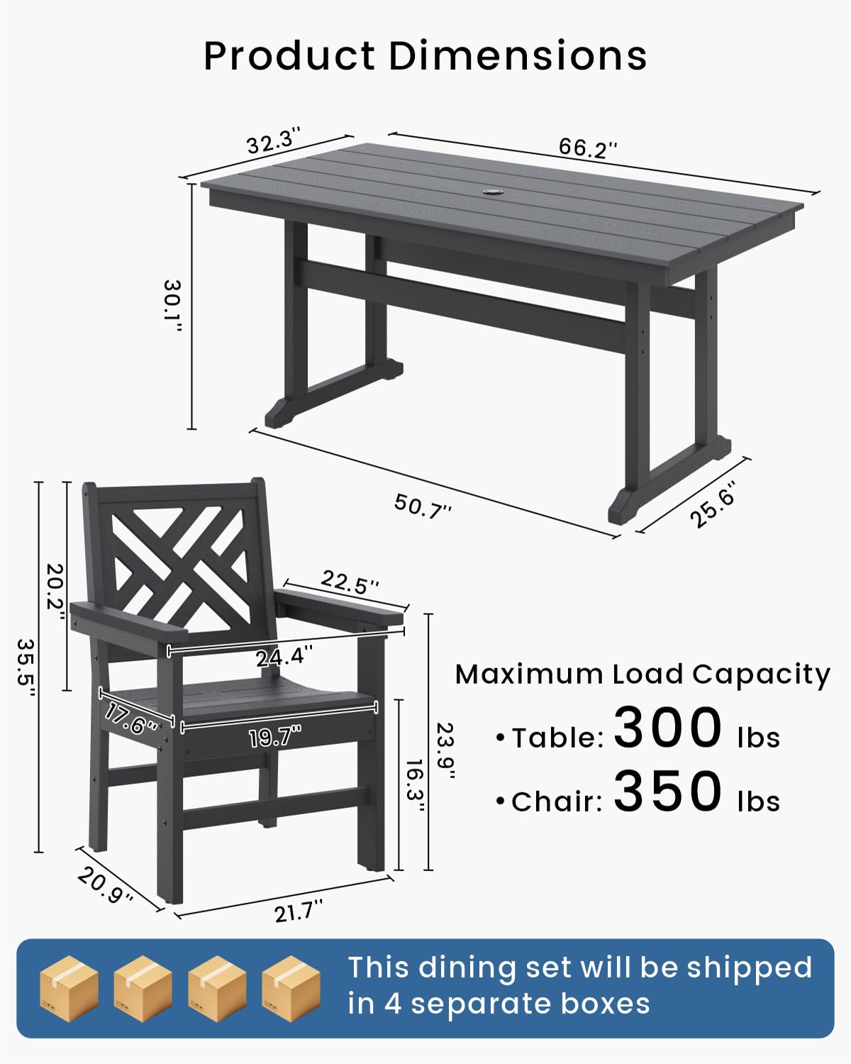 BIVODA 7-Piece Outdoor Dining Set, HDPE All-Weather Patio Table and Chairs Set for 6, Outdoor Patio Furniture Sets with Umbrella Hole for Outside, Deck, Backyard, Garden (Black) BIVODA