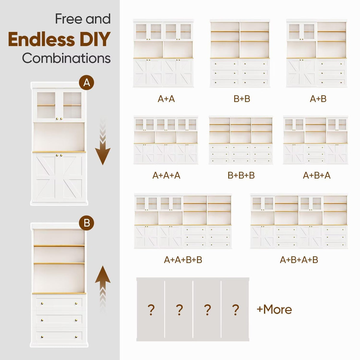 71" Tall Farmhouse Kitchen Pantry, Large Storage Cabinet with Glass Doors, Freestanding Coffee Bar Hutch with Microwave Stand, Adjustable Shelves for Kitchen, Living Room, Set of 3, White ivaniti