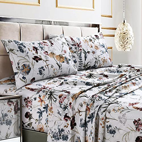 Tribeca Living Deep Pocket King Size Sheet Set - 300 Thread Count Cotton Sateen Sheets with 22-Inch Extra Deep Pockets, Oeko-Tex Certified, 4 Bedding Set in Amalfi Deep Red/Multi Print Tribeca Living