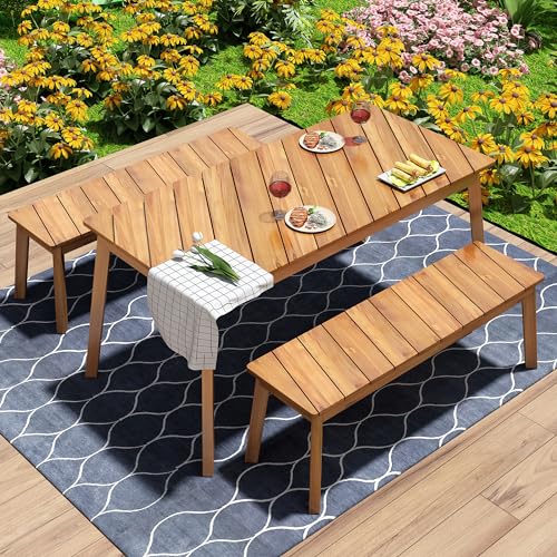 BAMOOLI 3 Pieces Patio Dining Set, Outdoor Acacia Wood Table and 2 Benches, Outdoor Dining Set Picnic Beer Table for Patiofor 4-6 People, All-Weather Picnic Conversation Set for Deck, Backyard, Garden