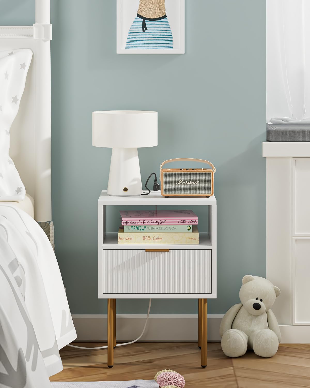 AEPOALUA Nightstand with Charging Station,Small Bedside Table with Gold Frame,White Night Stand,Bedside Furniture,Side Table with Drawer and Shelf for Bedroom,Living Room,Stripe AEPOALUA