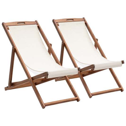 Dlewmsyic Folding Sling Chairs for Outside Set of 2, Folding Beach Lounge Chair Eucalyptus Wood Frame Patio Chair, 3-Stage Adjustable Reclining Tanning Chair (Khaki)