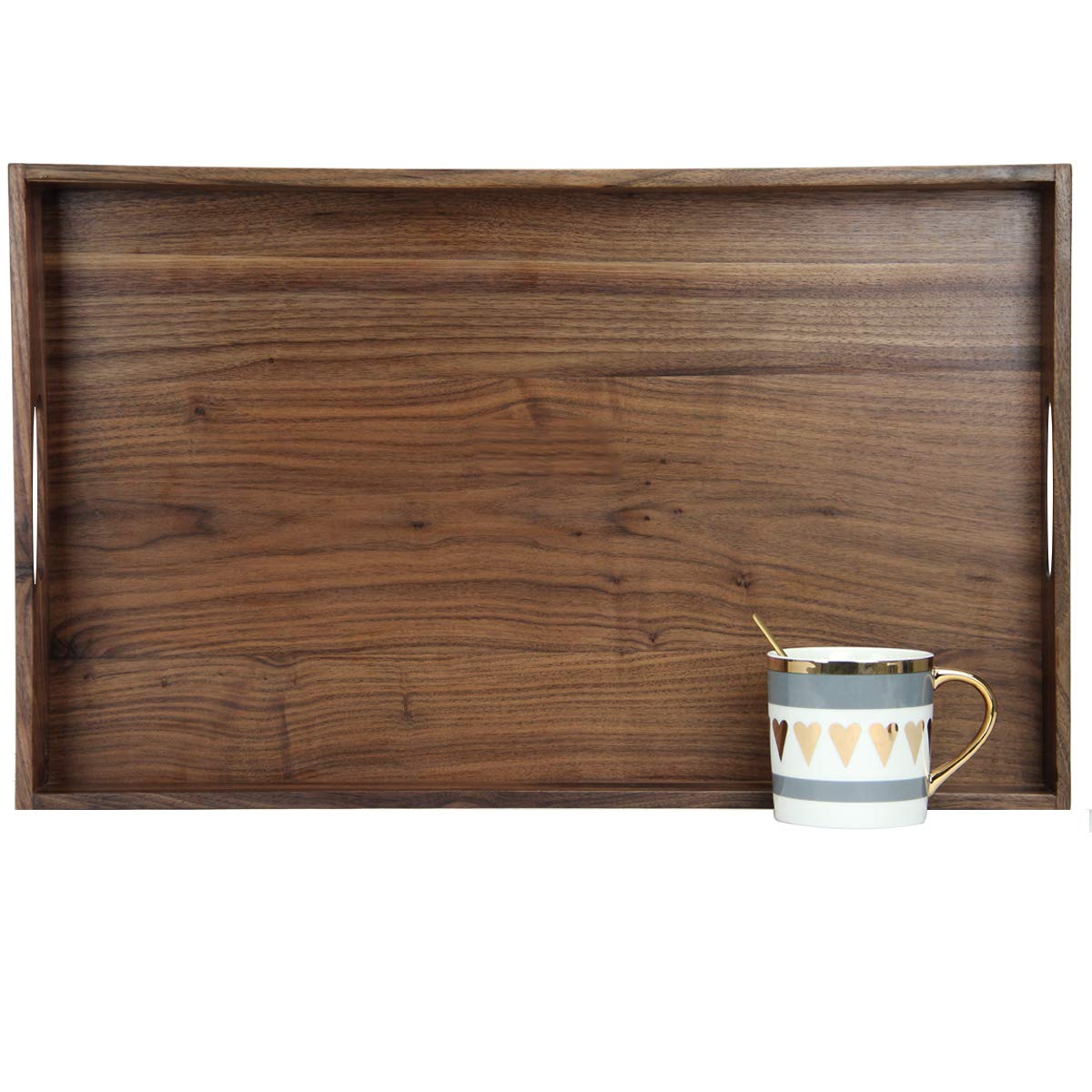 MAGIGO 22 x 14 Inches Large Rectangle Black Walnut Wood Ottoman Tray with Handles, Serve Tea, Coffee, Classic Wooden Decorative Serving Tray MAGIGO