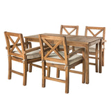 Walker Edison Delray Classic 5 Piece Acacia Wood Outdoor Dining Table and X-Back Chair Set with Cushions, Set of 5, Brown Walker Edison