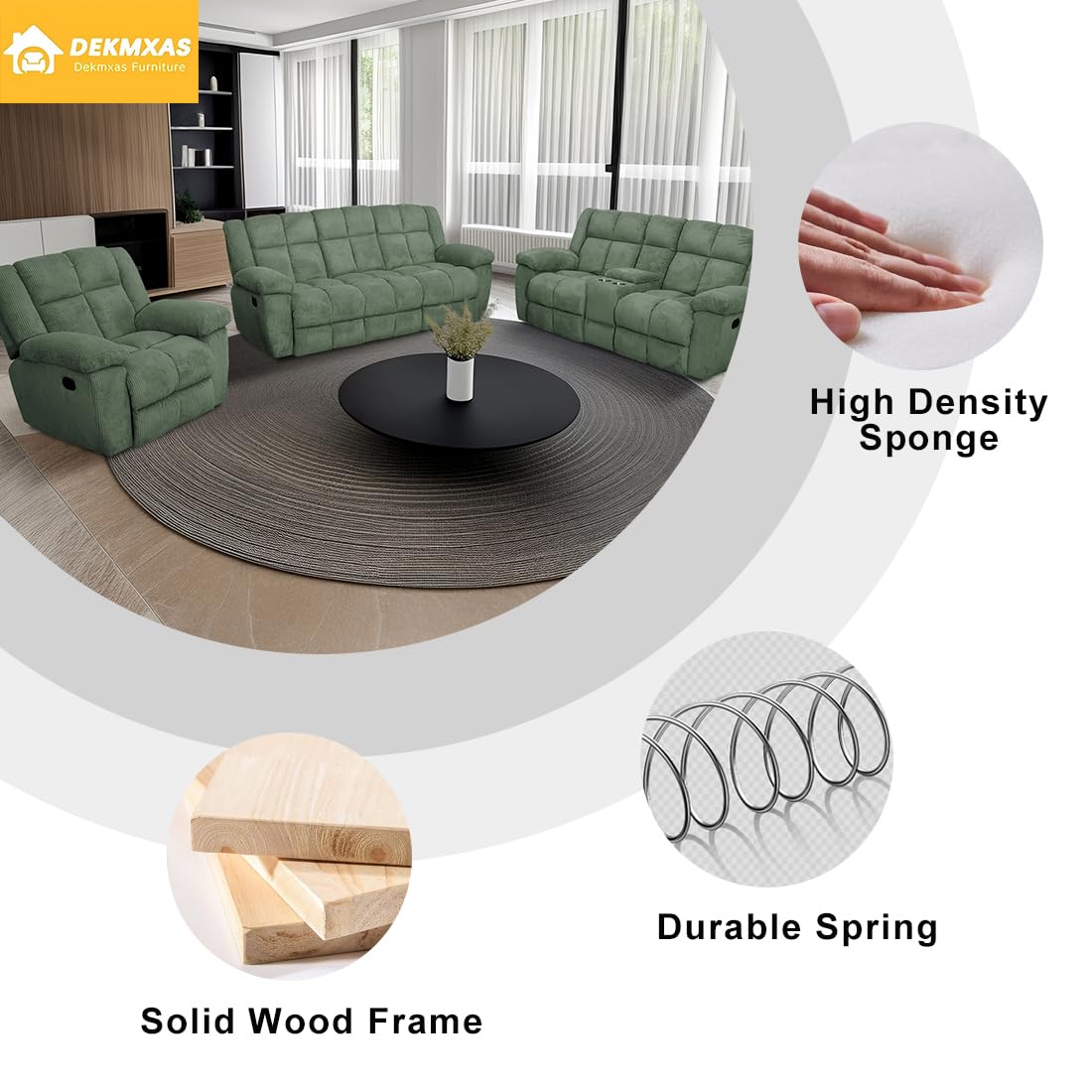 Dekmxas Recliner Sofa Set, Living Room Furniture Sets,Manaul Reclining Couch Green Corduroy Reclining Couch Living Room Sofa Set with 5 Recliner Seats/Cup Holders/Storage Console/Drop-Down Table Dekmxas