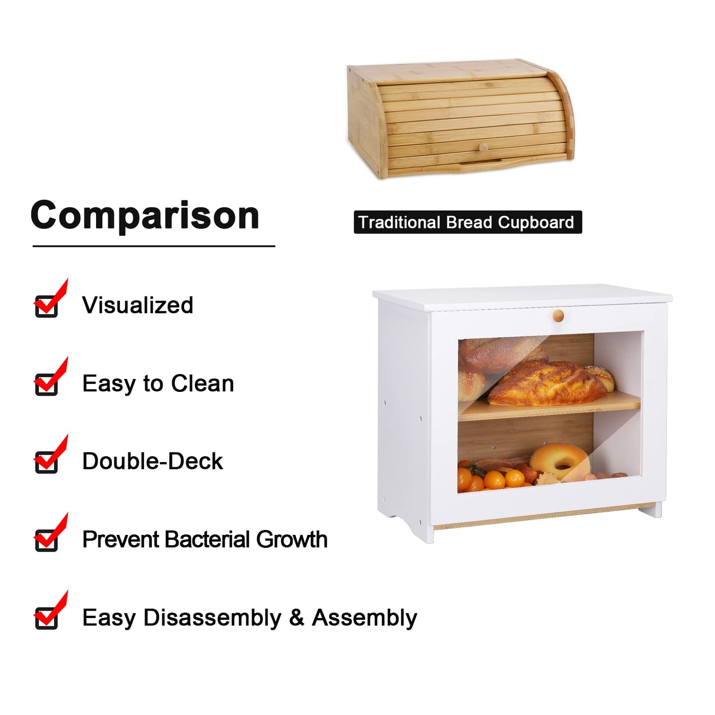 HOMEKOKO Bamboo Double Layer Regular Bread Box, Natural Bamboo Bread Boxes for Kitchen Counter, Bamboo Capacity Food Storage (White)