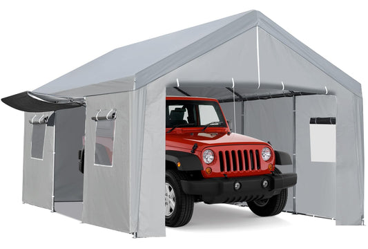 ACONEE Carport 13×20 FT Heavy Duty Car Canopy with Ventilated Windows, Removable Sidewalls & Zipper Doors, Portable Garage Boat Party Tent, Reinforced Triangular Beam, Waterproof Tarp for Car, Truck