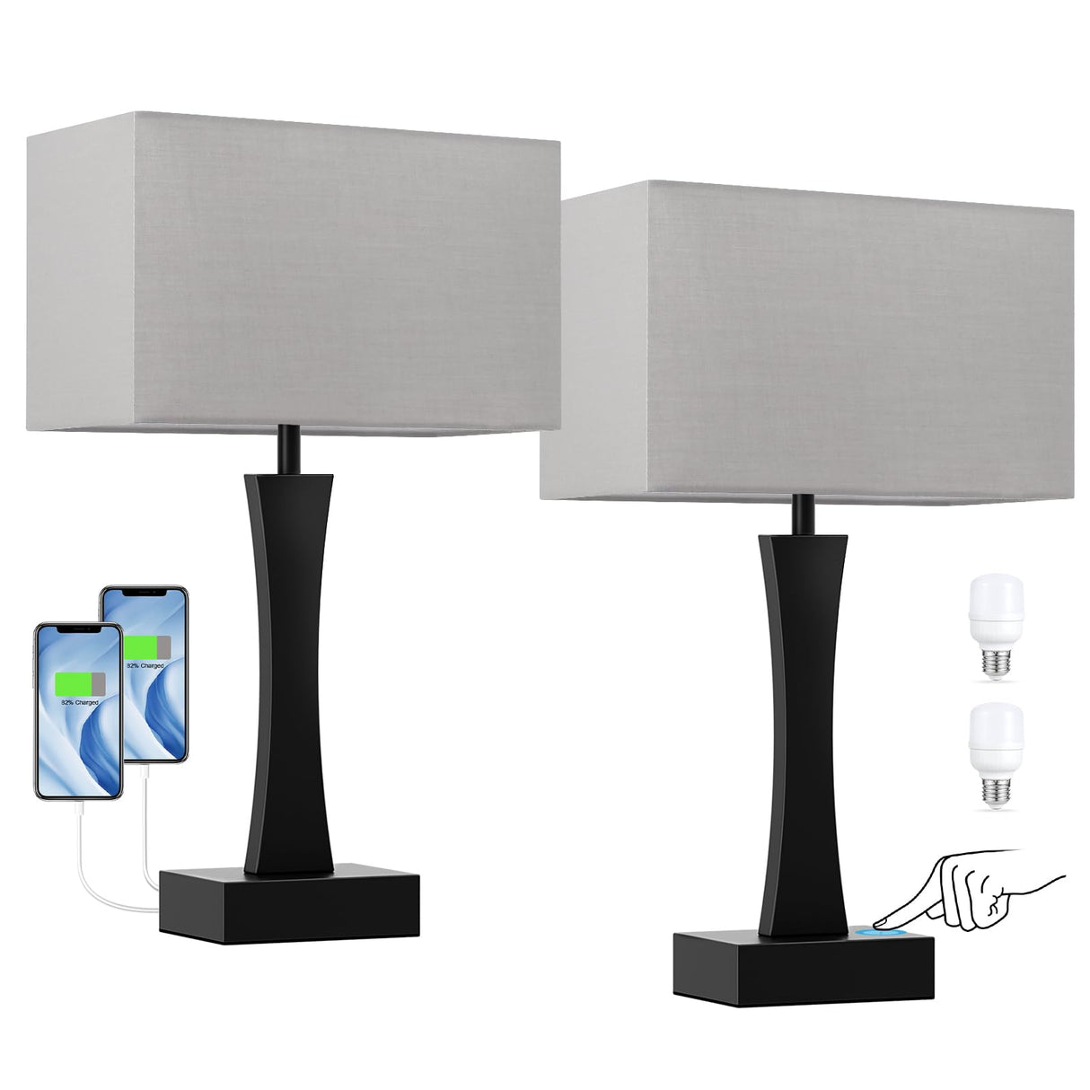 Bedside Lamps for Night Stands - 3 Way Dimmable Table Lamp for Bedroom with USB C+A Ports,Modern Bedside Lamps Set of 2, Touch Lamps for Nightstand Living Room Side Table End Tables(Bulbs Included) Seealle
