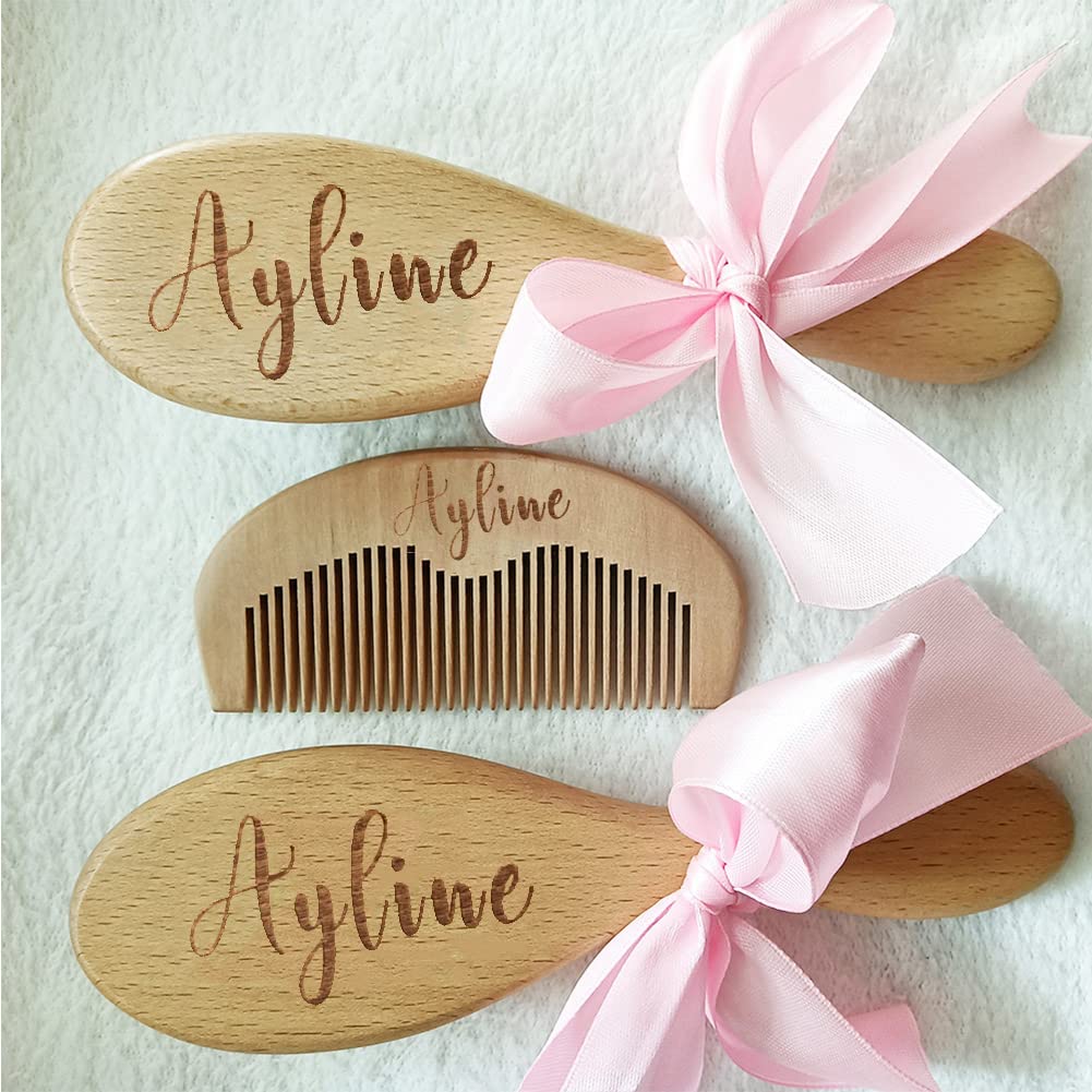 3Pcs Personalized Wooden Baby Hair Brush and Comb Bristles,Custom Newborn Baby Soft Hair Baby Gift - WoodArtSupply