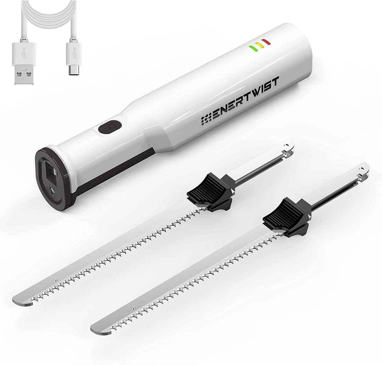 ENERTWIST Cordless Rechargeable Electric Knife 1S Quick Start One-Hand Operation with 4 Stainless Steel Blades and Safety Lock Button, Carving Bread, Meats, Turkey, Crafting Foam ENERTWIST