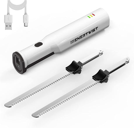 ENERTWIST Cordless Rechargeable Electric Knife 1S Quick Start One-Hand Operation with 4 Stainless Steel Blades and Safety Lock Button, Carving Bread, Meats, Turkey, Crafting Foam ENERTWIST