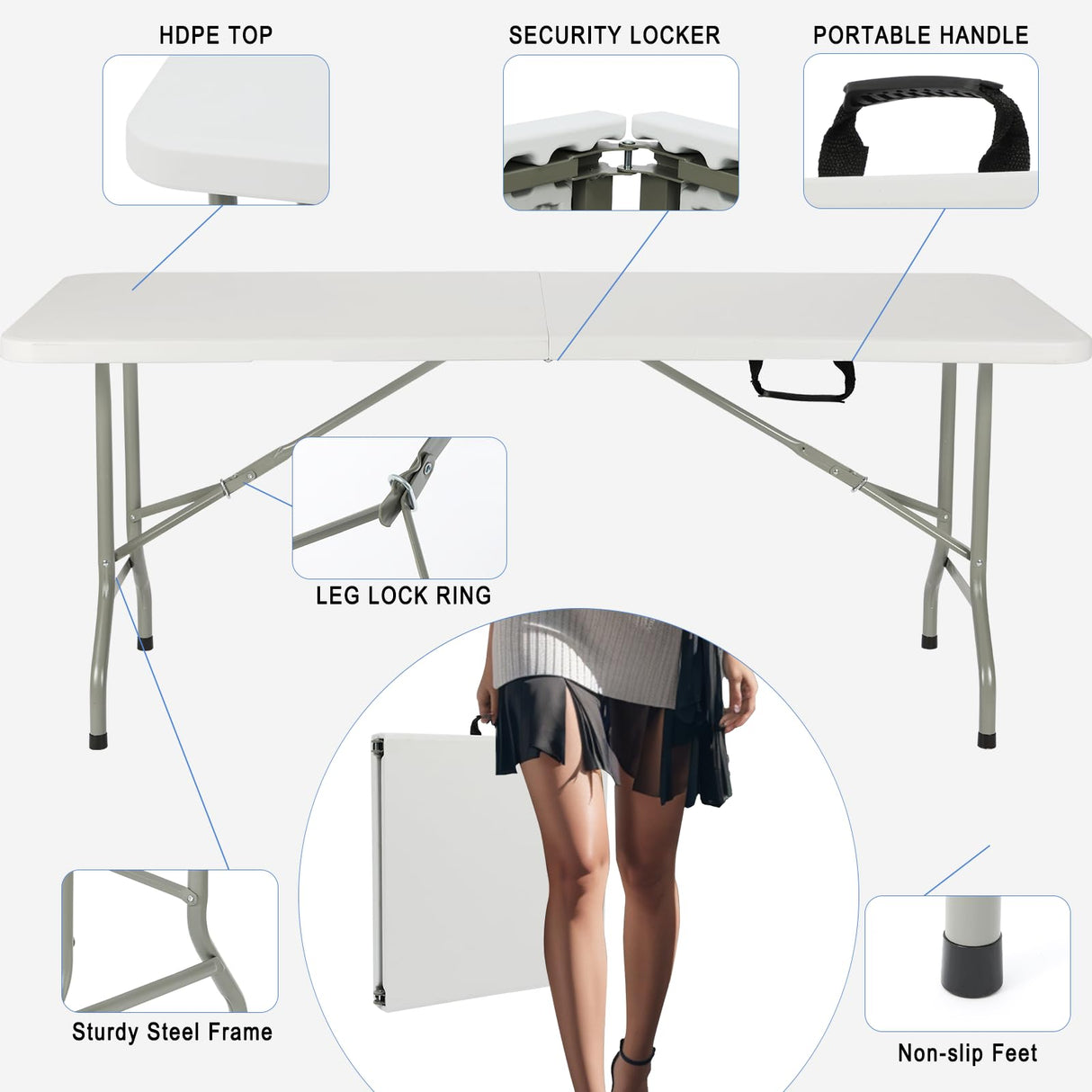 ONUUNPY 6ft Heavy Duty Portable Folding Table - Plastic Dining Table Indoor/Outdoor White Plastic Table for Parties, BBQs, and Camping ONUUNPY