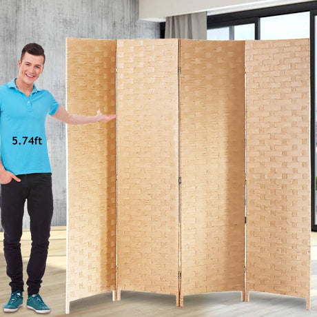 Room Dividers and Folding Privacy Screens 4 Panel 6 ft Foldable Portable Room Seperating Divider, Handwork Wood Mesh Woven Design Room Divider Wall, Room Partitions and Dividers Freestanding, Natural Dkeli