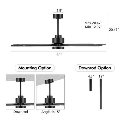 ELEHINSER 60" Modern Ceiling Fan with Lights and Remote Control, 5 Solid Wood Blades 6-Speed Noiseless Reversible DC Motor, Ceiling Fan for Bedroom Dinning Living Room, Black ELEHINSER