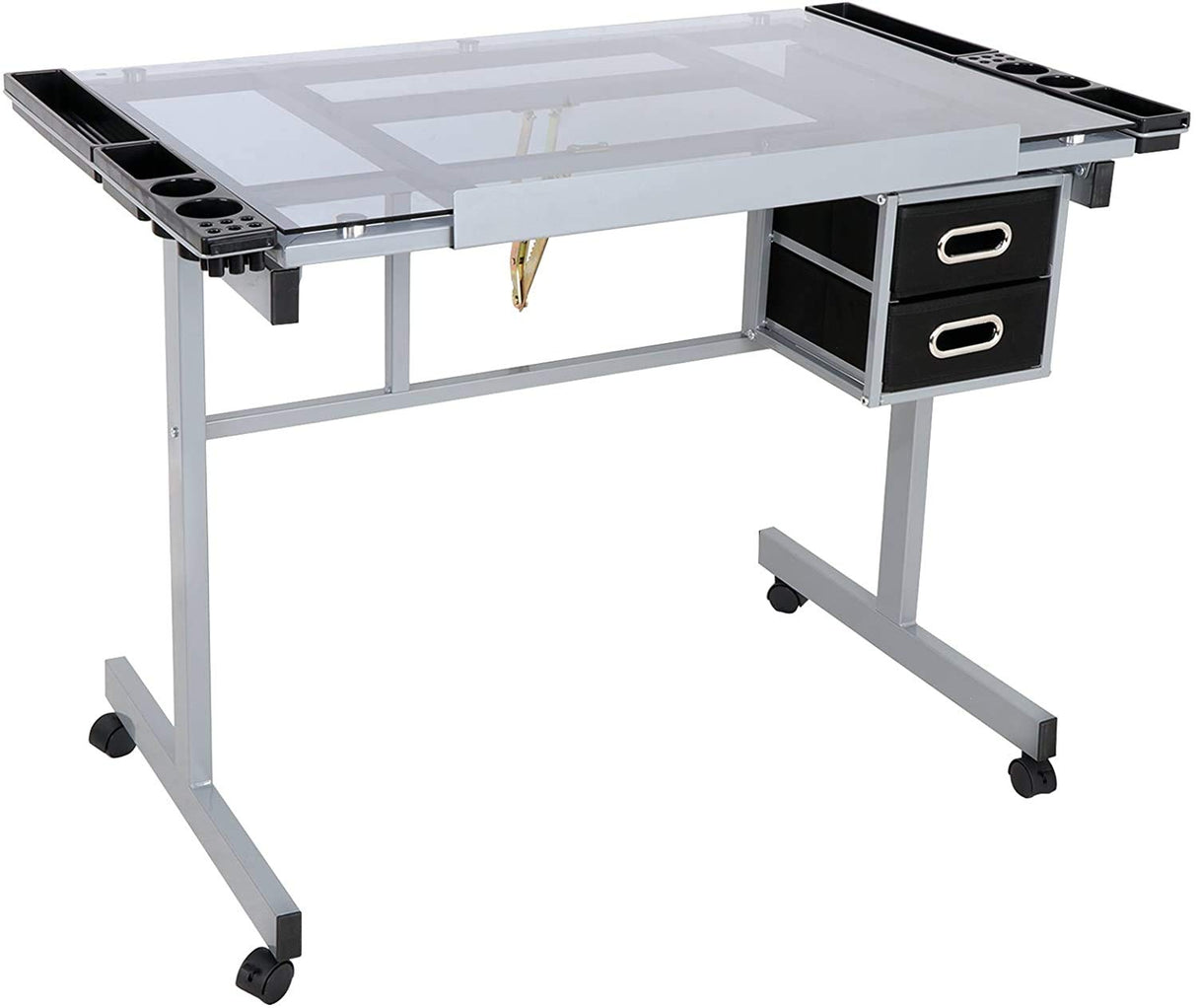 Epetlover Adjustable Drafting Table Drawing Desk Folding Tempered Glass Top Art Craft Work Station w/2 Slide Storage Drawers and Wheels Epetlover