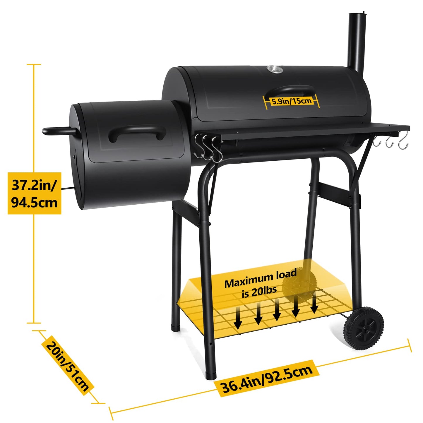 Outdoor Charcoal Grill with Smoker, Leonyo 14Inch Wide Charcoal Grill with Offset Smoker for Backyard Party Cooking, 438 Sq.in. BBQ Cooking Surface,Black