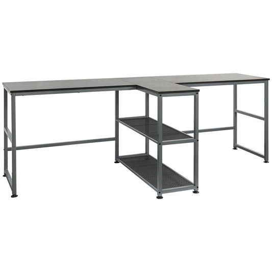 HOMCOM 83" Two Person Computer Desk with 2 Storage Shelves, Double Desk Workstation with Book Shelf, Long Desk Table for Home Office, Black - WoodArtSupply