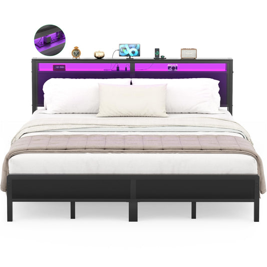 Homieasy Industrial King Size Bed Frame with Smart Charging Station and LED Lights - WoodArtSupply