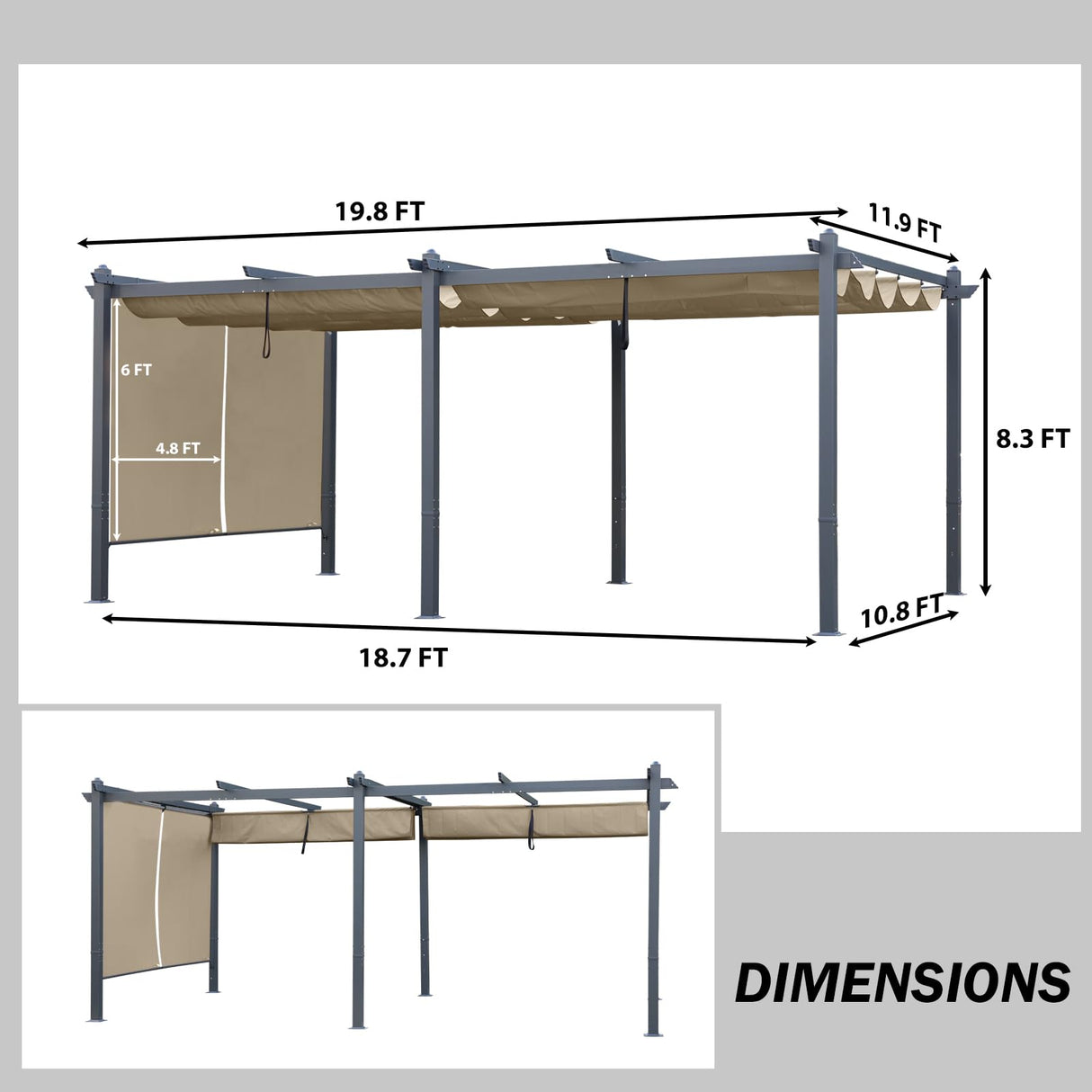 BPS 12' x 20' Outdoor Pergola with Retractable Shade Canopy, Dark Gray Matte Aluminum Frame, 2 Pieces Roller Shade Curtain, Grape Trellis Pergola for Patio Backyard and Deck - Khaki BPS