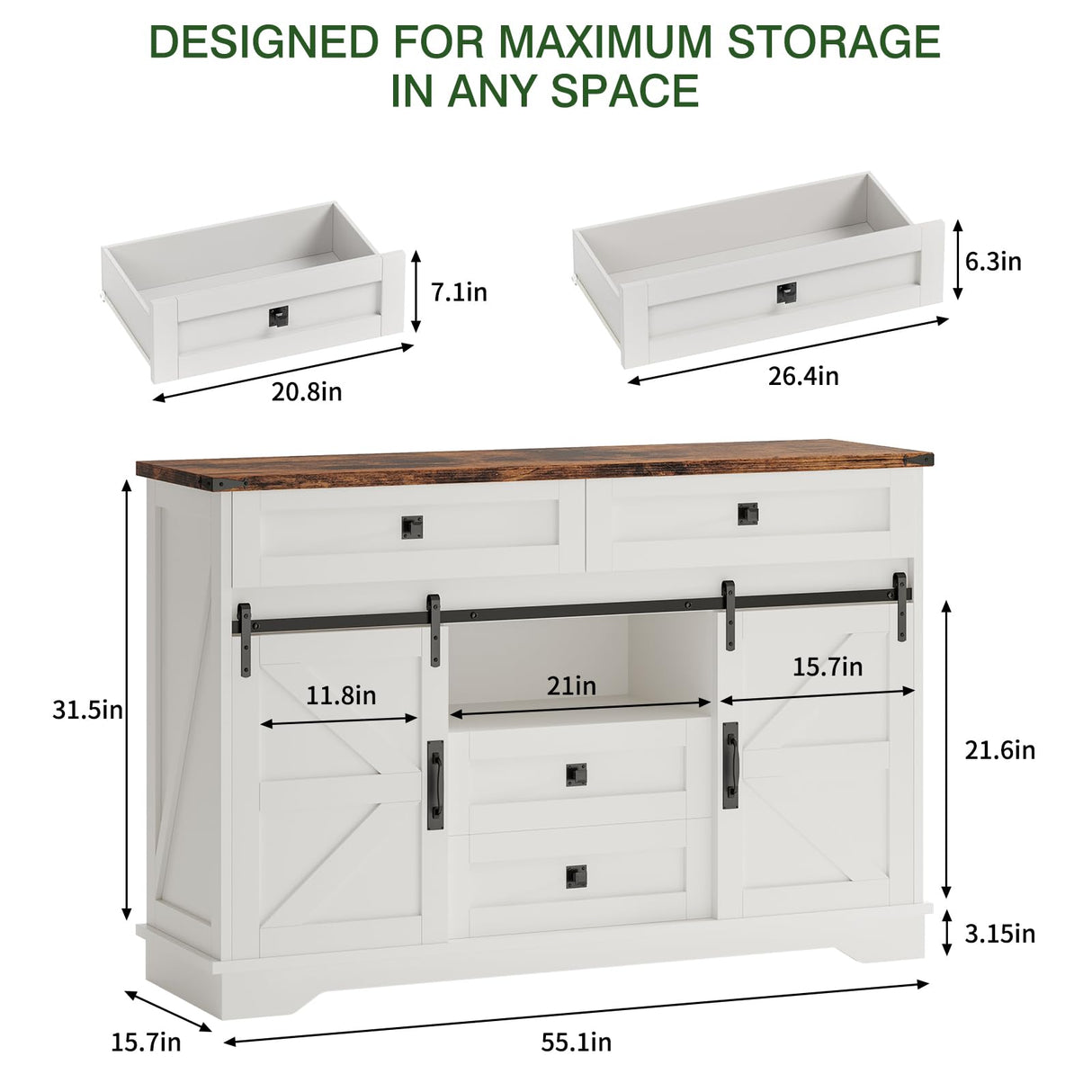 PLYFOU 55" Farmhouse Buffet Cabinet, Kitchen Sideboard with Sliding Barn Doors and 4 Drawers, Rustic Wood Storage Cabinet with Adjustable Shelves, 35'' Tall Coffee Bar Table for Dining Room, White PLYFOU