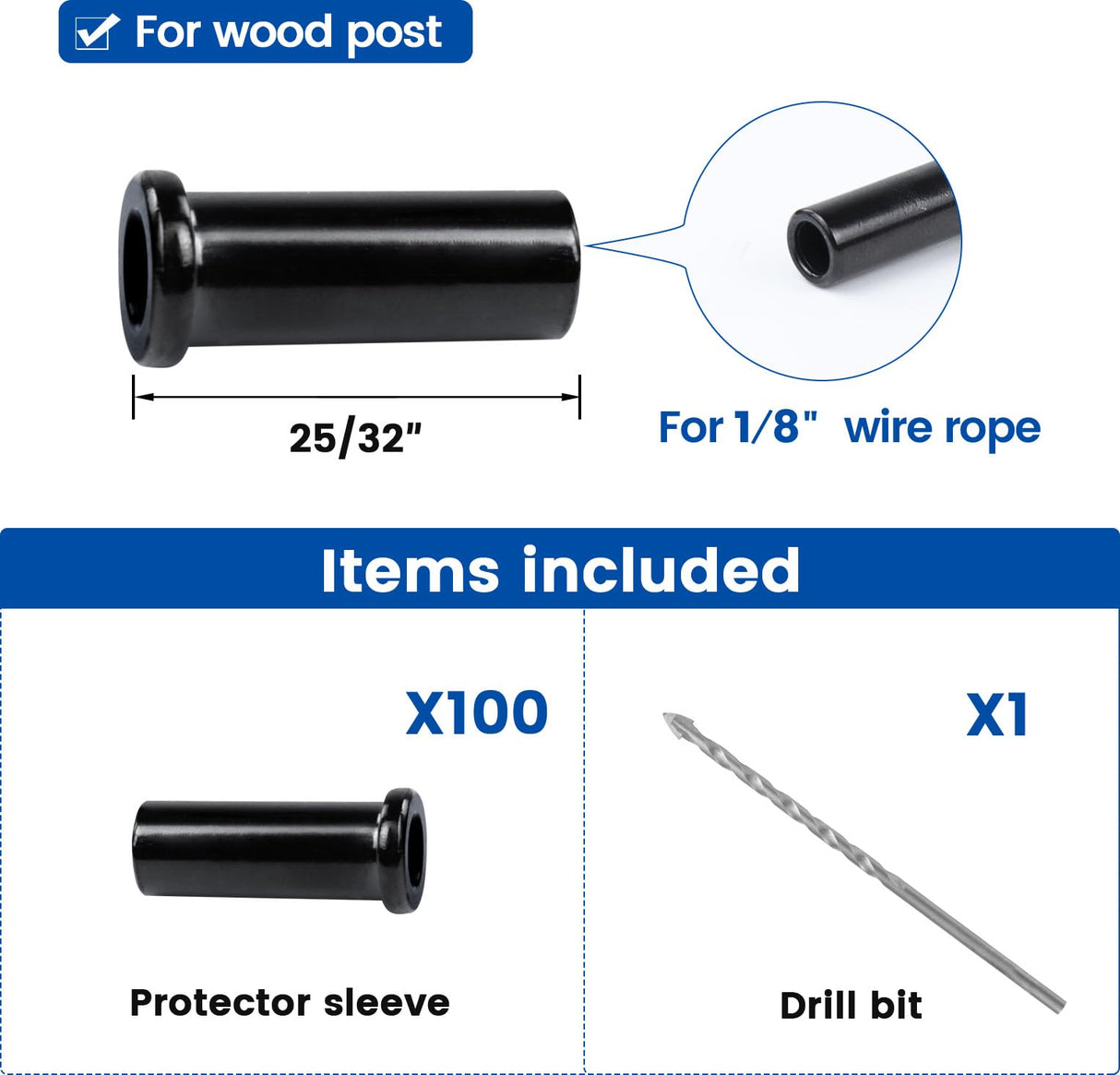 Muzata 100 Pack 1/8" Black Cable Railing Protector Sleeves T316 Stainless Steel Protective Sleeves Deck Cable Railing Hardware Kit for Wood Posts CR13 Muzata