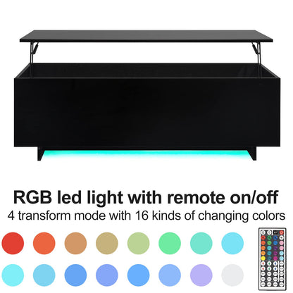 High Gloss Lift Top Table with Led Lights, Led Coffee Table with Storage Shelf and Hidden Compartment for Home Living Room Reception Room Office, Black - WoodArtSupply