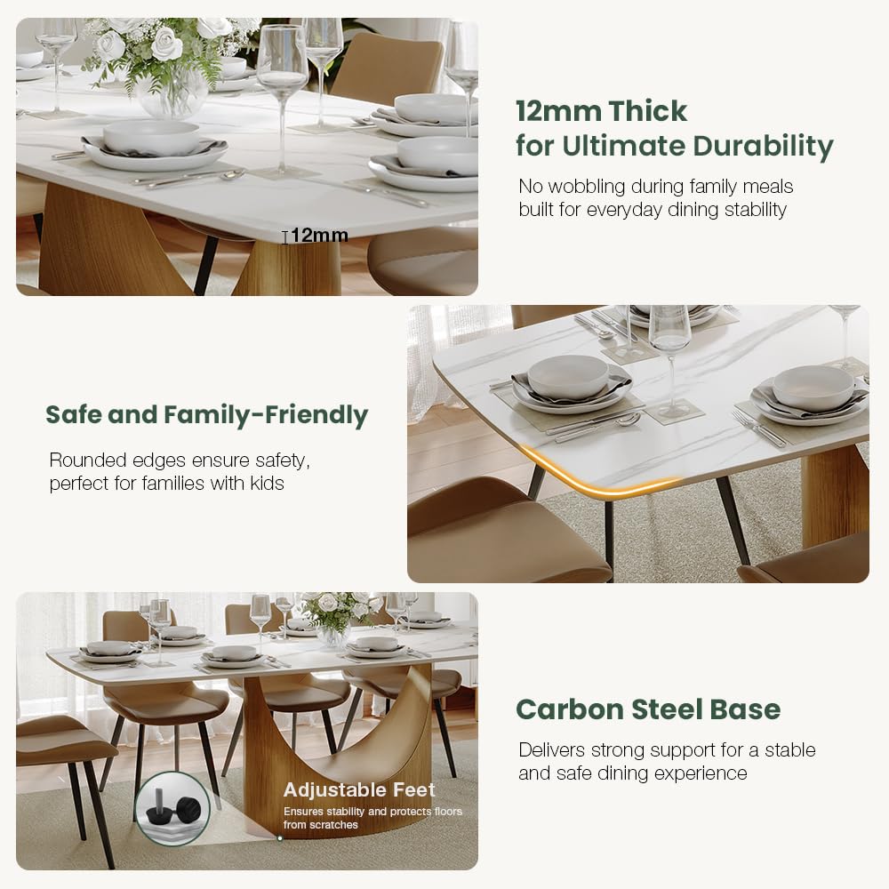 POVISON 71" Hobart Modern Dining Table for 6-8, Matte White Dining Table Sintered Stone Dining Tabletop with Bronze Carbon Steel Pedestal for Dining Room (Table Only) POVISON
