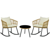 Outsunny 3 Piece Bistro Set with Cushions, Outdoor PE Rattan Wicker Patio Rocking Chair with 2 Porch Rocker Chairs, Glass Top Coffee Table Patio Conversation Set, Cream White Outsunny
