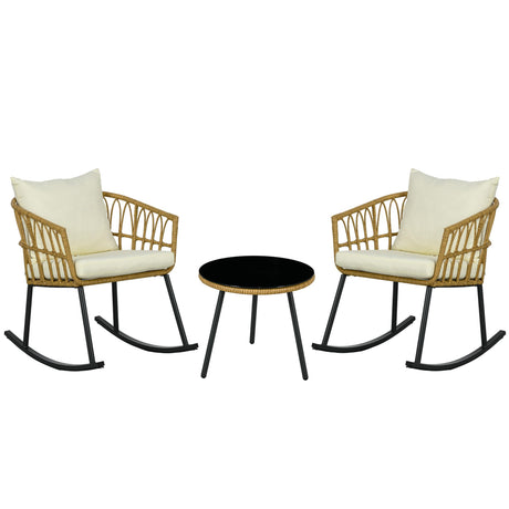 Outsunny 3 Piece Bistro Set with Cushions, Outdoor PE Rattan Wicker Patio Rocking Chair with 2 Porch Rocker Chairs, Glass Top Coffee Table Patio Conversation Set, Cream White Outsunny