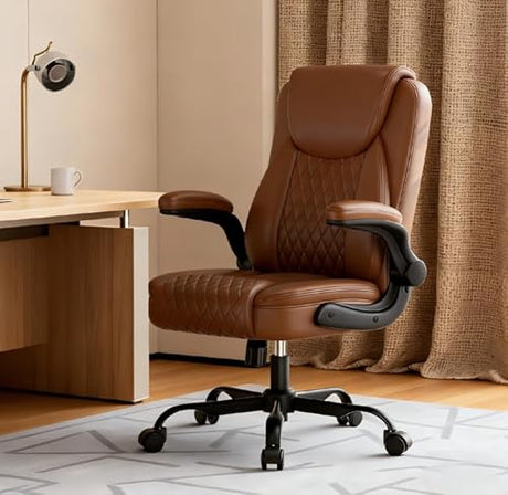 COMHOMA Office Chair 400lbs, Home Desk Chair with Flip-up Arms and Ergonomic Back - Heavy Duty PU Leather Executive Chair for Home Office Gaming, Brown COMHOMA