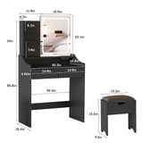 Vabches Vanity Desk with LED Light Mirror and Charging Station, Small Cute Vanity Set with 4 Storage Shelves 2 Drawers, Vanity for Girls Women with Storage Stool, Vanity Table for Bedroom (Black) Vabches