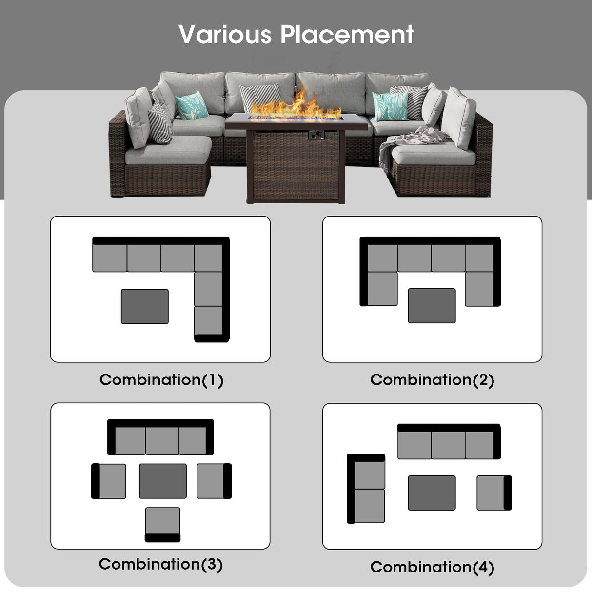 Patio Furniture Set,7 Piece Patio Furniture Set with Fire Pit Table,PE Wicker Rattan Sectional Sofa Patio Conversation Set with Thickened Cushions, Grey Grezone