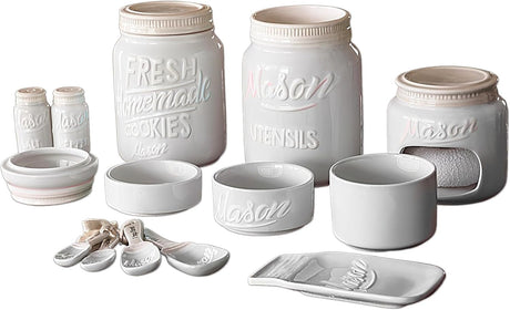 Farmhouse Canisters Sets for the Kitchen - Mason Jar Ceramic Kitchen Utensil Holder, Spoon Rest, Cute Cookie Jar, Salt & Pepper Shaker Sets, Sponge Holder, Measuring Cups & Spoons (White,17-Pc Bundle) Goodscious