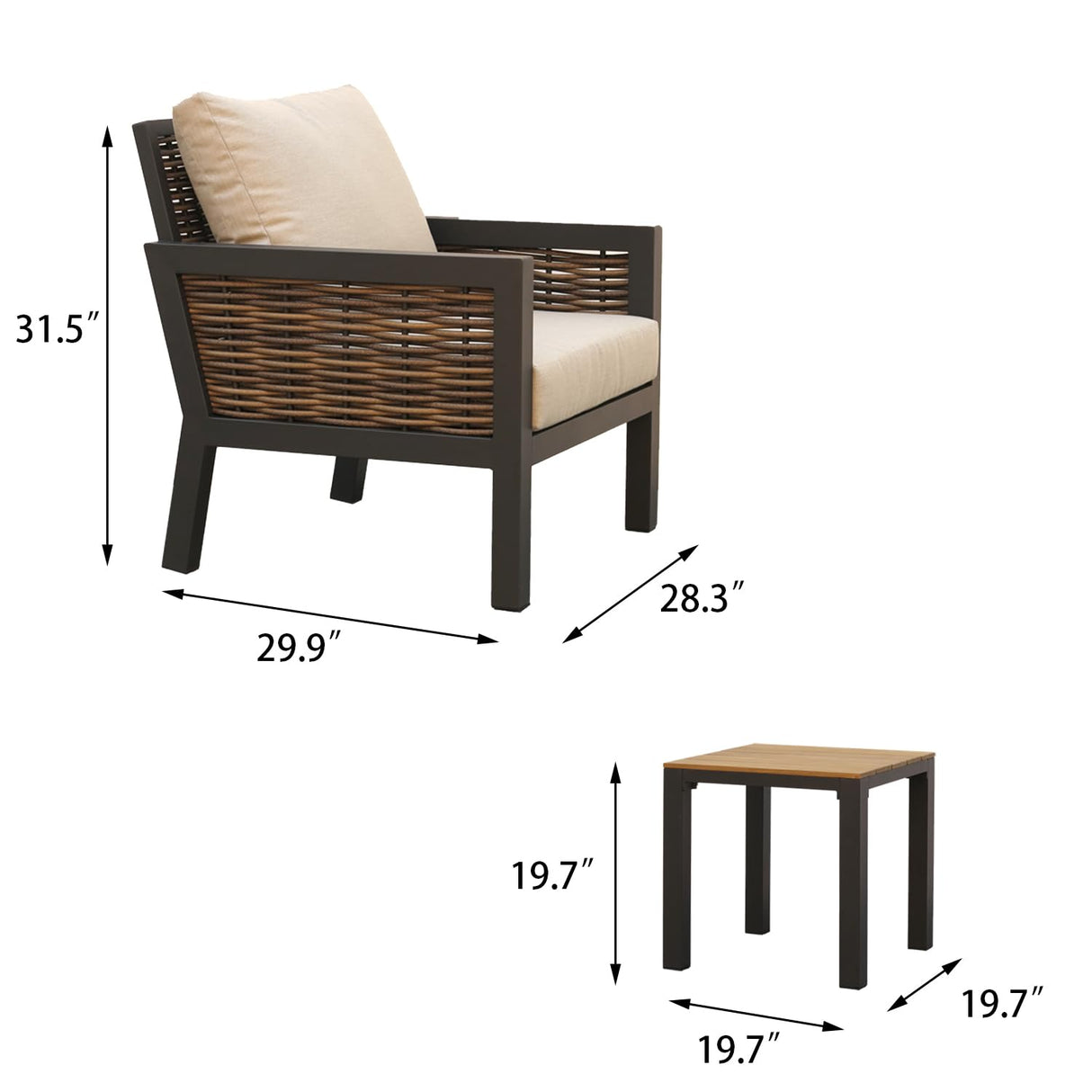 Yoneesn Courtyard Patio Furniture Set, 3-Piece Outdoor Bistro Set, Removable & Washable Deep Seating Cushion, Aluminum Patio Lounge Conversation Set Solid Wood Armrest & Table, Black & Beige Yoneesn