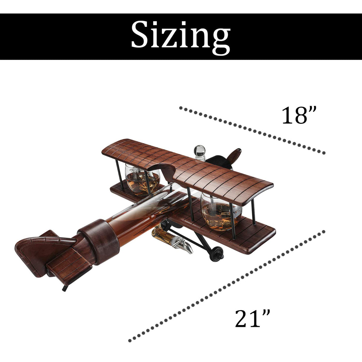 Whiskey & Wine Decanter Airplane Set and Glasses Antique Wood Airplane - The Wine Savant Whiskey Gift Set and 2 Airplane Glasses, Pilot Gift Moving Parts- Alcohol Related Gift, BAR DECOR Large 21" The Wine Savant