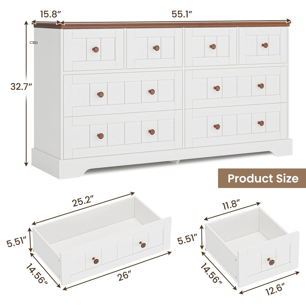 Hasuit White 8 Drawer Dresser, 55.1" Wide Farmhouse Dressers Chest of Drawer, Wood Bedroom Dresser with Hand Carved Panel, Large Capacity Clothing Storage Organizer for Bedroom, Living Room, Hallway Hasuit